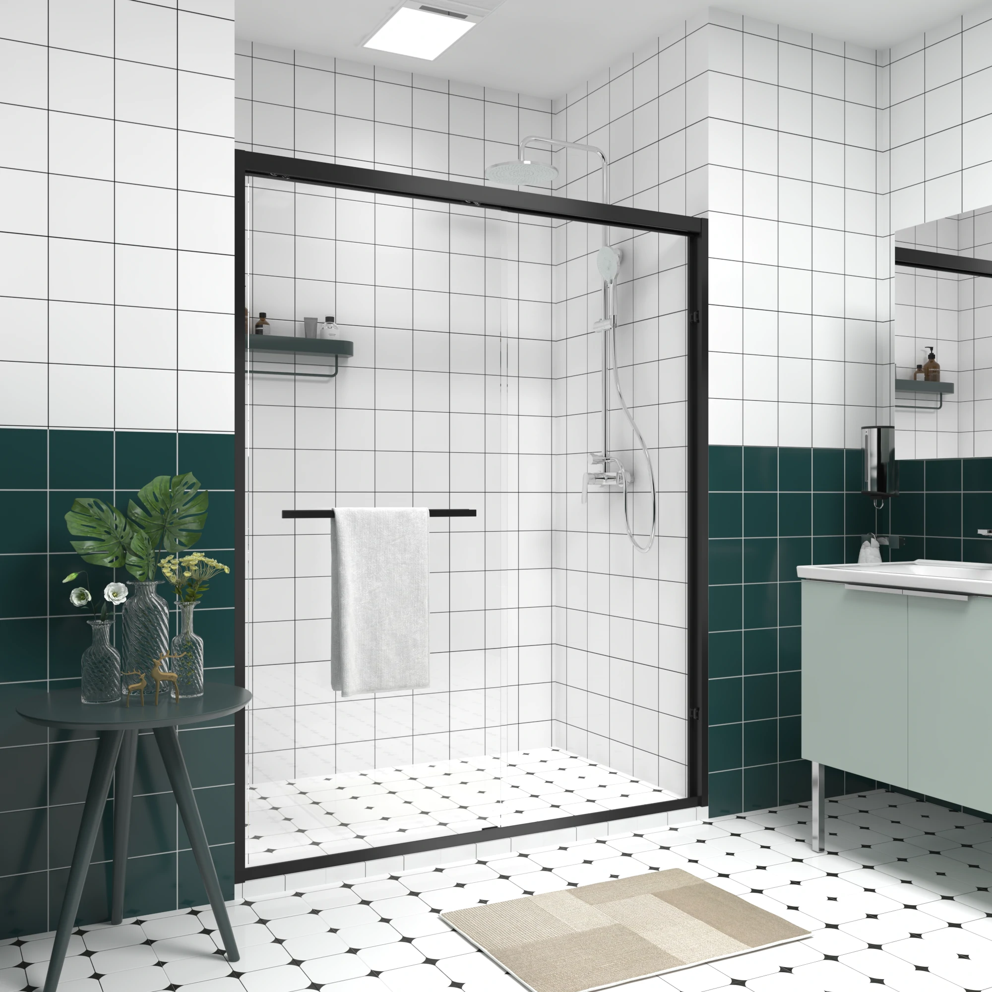 AISU Aluminum Frame Double Sliding Shower Door, Premium 1/4" (6mm) Clear Tempered Glass, Matte Black Finished