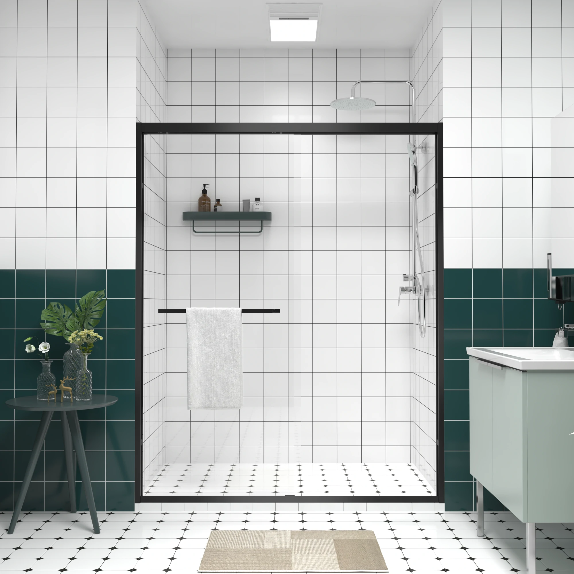 AISU Aluminum Frame Double Sliding Shower Door, Premium 1/4" (6mm) Clear Tempered Glass, Matte Black Finished