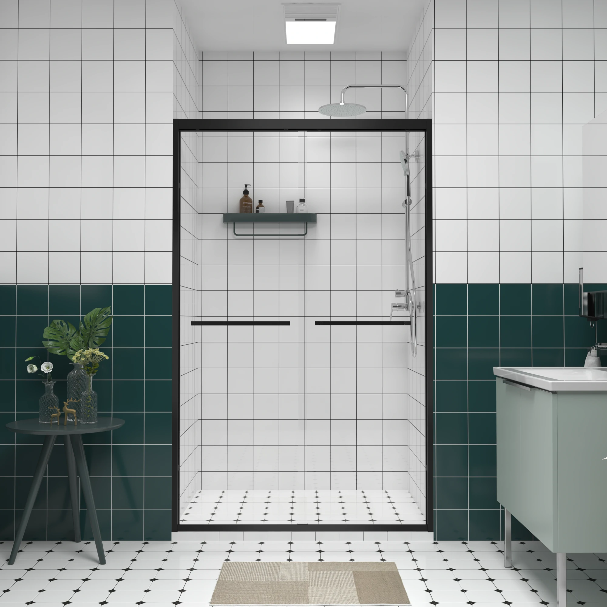 AISU Aluminum Frame Double Sliding Shower Door, Premium 1/4" (6mm) Clear Tempered Glass, Matte Black Finished