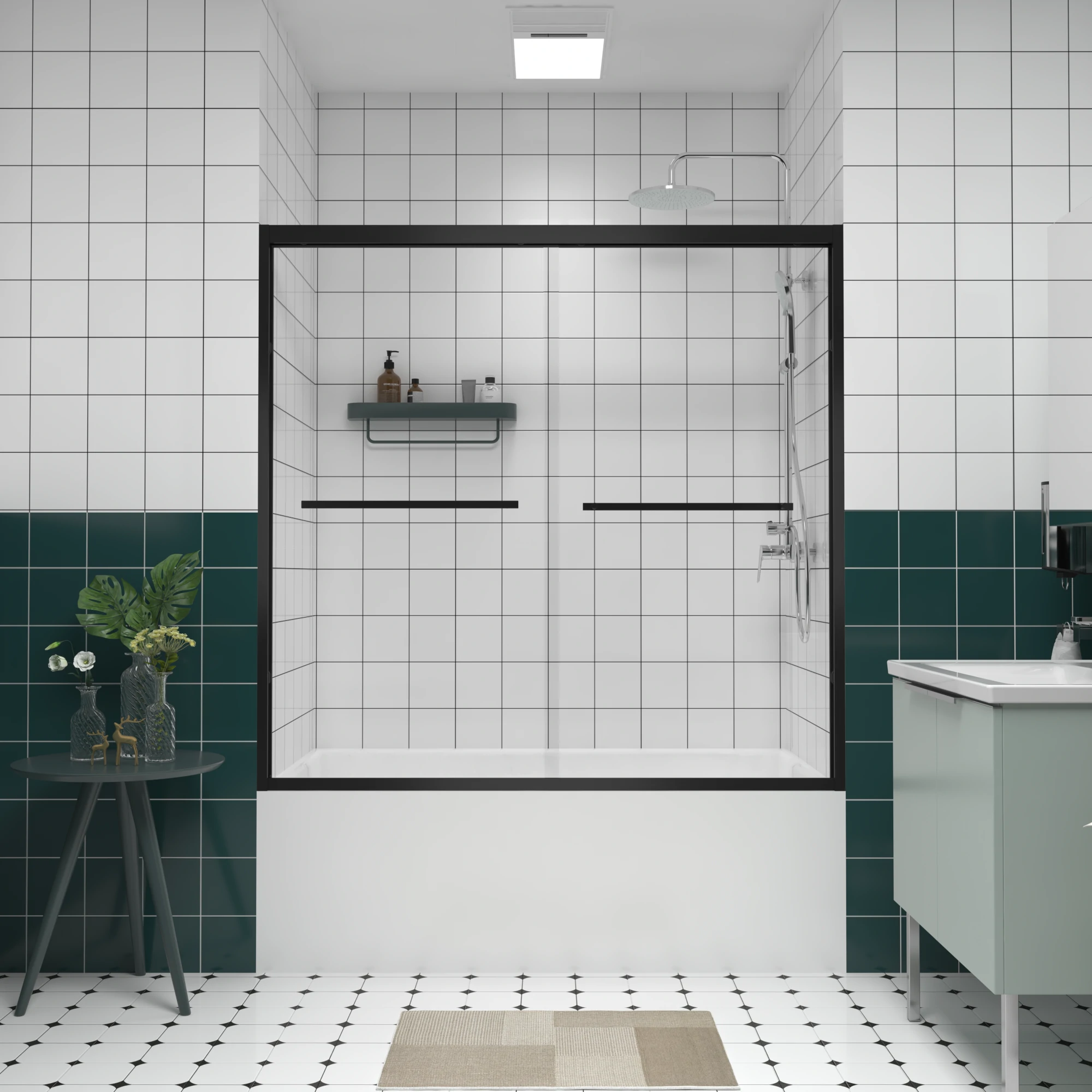 AISU Aluminum Frame Double Sliding Shower Door, Premium 1/4" (6mm) Clear Tempered Glass, Matte Black Finished
