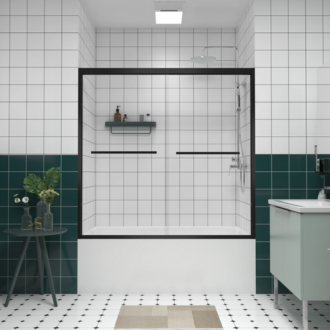 AISU Aluminum Frame Double Sliding Shower Door, Premium 1/4" (6mm) Clear Tempered Glass, Matte Black Finished