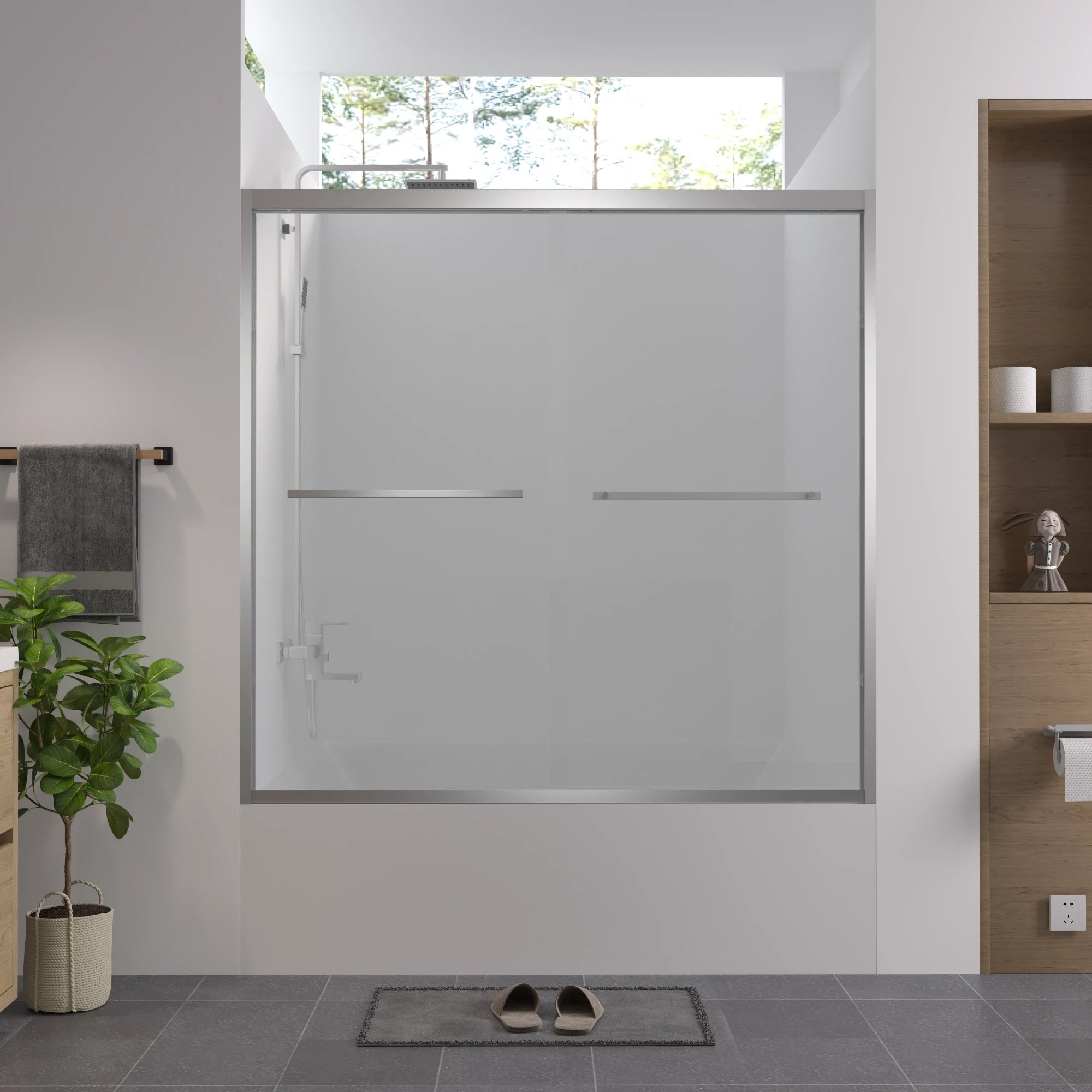 AISU Aluminum Frame Double Sliding Shower Door, Premium 1/4" (6mm) Clear Tempered Glass, Matte Black Finished