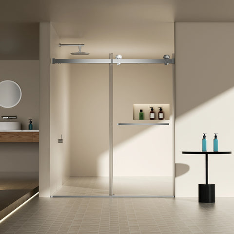 AISU 56-60"W x 70"H Frameless Double Sliding Shower Door, 5/16" (8mm) Thick SGCC Tempered Clear Glass, Double Side Easy Clean Coat