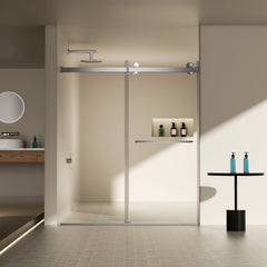 Porte de douche coulissante double sans cadre AISU 56-60" L x 70" H, verre trempé transparent SGCC de 5/16" (8 mm) d'épaisseur, revêtement double face facile à nettoyer