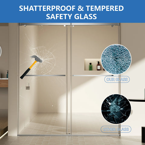 AISU 56-60"W x 70"H Frameless Double Sliding Shower Door, 5/16" (8mm) Thick SGCC Tempered Clear Glass, Double Side Easy Clean Coat