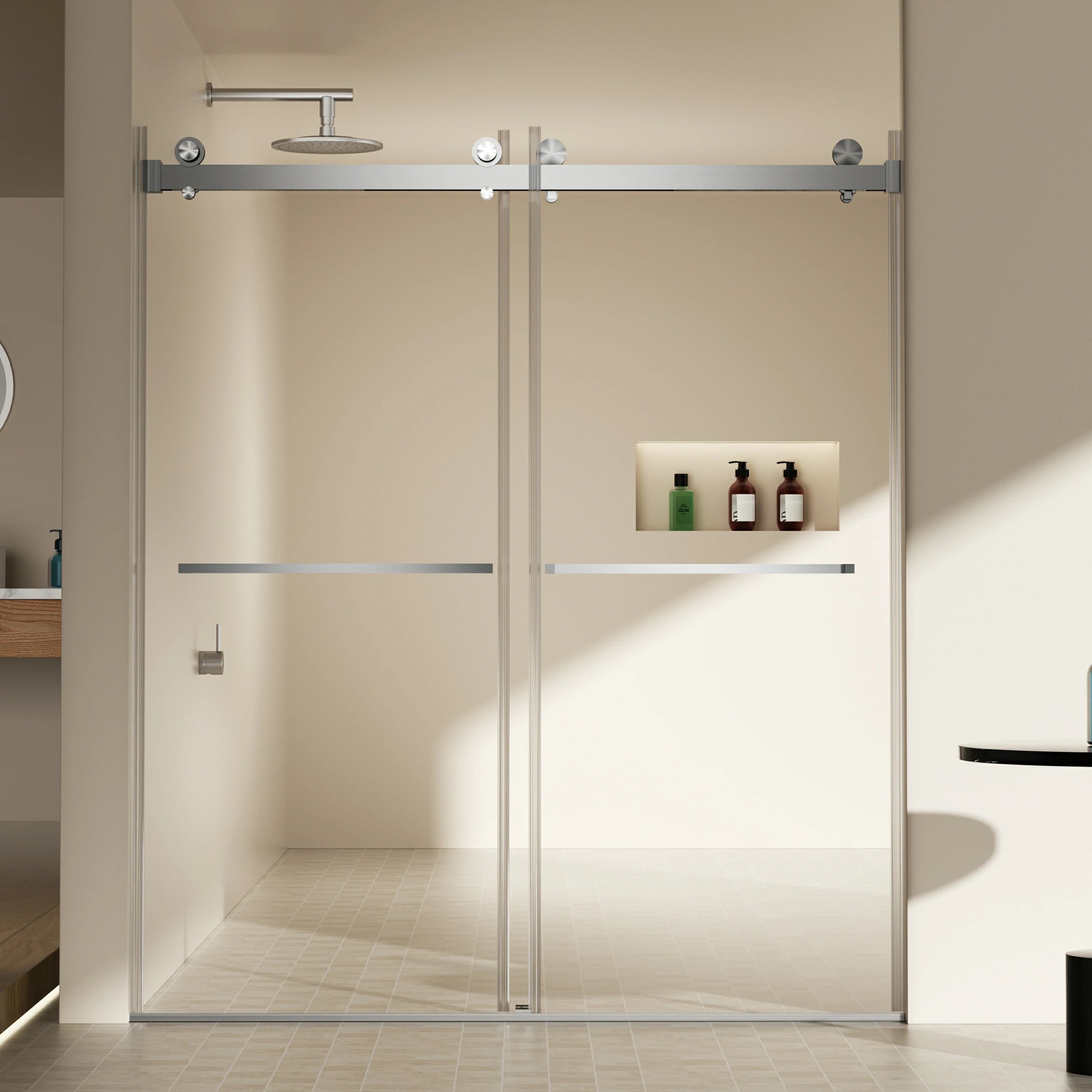 AISU 56-60"W x 70"H Frameless Double Sliding Shower Door, 5/16" (8mm) Thick SGCC Tempered Clear Glass, Double Side Easy Clean Coat