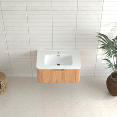 AISU 30" Wall-Mounted Curved Edge Bathroom Vanity in Natural Walnut Color with White Ceramic Basin