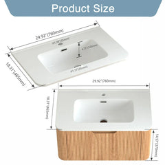 AISU 30" Wall-Mounted Curved Edge Bathroom Vanity in Natural Walnut Color with White Ceramic Basin