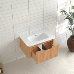 AISU 30" Wall-Mounted Curved Edge Bathroom Vanity in Natural Walnut Color with White Ceramic Basin