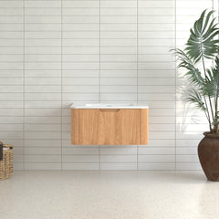 AISU 30" Wall-Mounted Curved Edge Bathroom Vanity in Natural Walnut Color with White Ceramic Basin