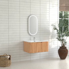 AISU 30" Wall-Mounted Curved Edge Bathroom Vanity in Natural Walnut Color with White Ceramic Basin