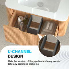 AISU 30" Wall-Mounted Curved Edge Bathroom Vanity in Natural Walnut Color with White Ceramic Basin