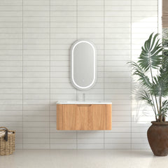 AISU 30" Wall-Mounted Curved Edge Bathroom Vanity in Natural Walnut Color with White Ceramic Basin