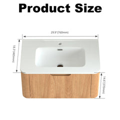AISU 30" Wall-Mounted Curved Edge Bathroom Vanity in Natural Walnut Color with White Ceramic Basin