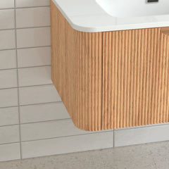 AISU 30" Wall-Mounted Curved Edge Bathroom Vanity in Natural Walnut Color with White Ceramic Basin