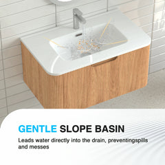 AISU 30" Wall-Mounted Curved Edge Bathroom Vanity in Natural Walnut Color with White Ceramic Basin