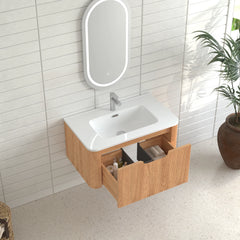 AISU 30" Wall-Mounted Curved Edge Bathroom Vanity in Natural Walnut Color with White Ceramic Basin