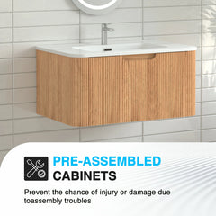 AISU 30" Wall-Mounted Curved Edge Bathroom Vanity in Natural Walnut Color with White Ceramic Basin