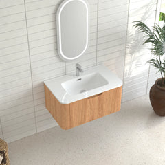 AISU 30" Wall-Mounted Curved Edge Bathroom Vanity in Natural Walnut Color with White Ceramic Basin