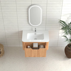 AISU 30" Wall-Mounted Curved Edge Bathroom Vanity in Natural Walnut Color with White Ceramic Basin