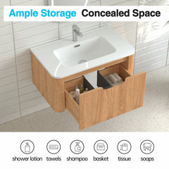 AISU 30" Wall-Mounted Curved Edge Bathroom Vanity in Natural Walnut Color with White Ceramic Basin