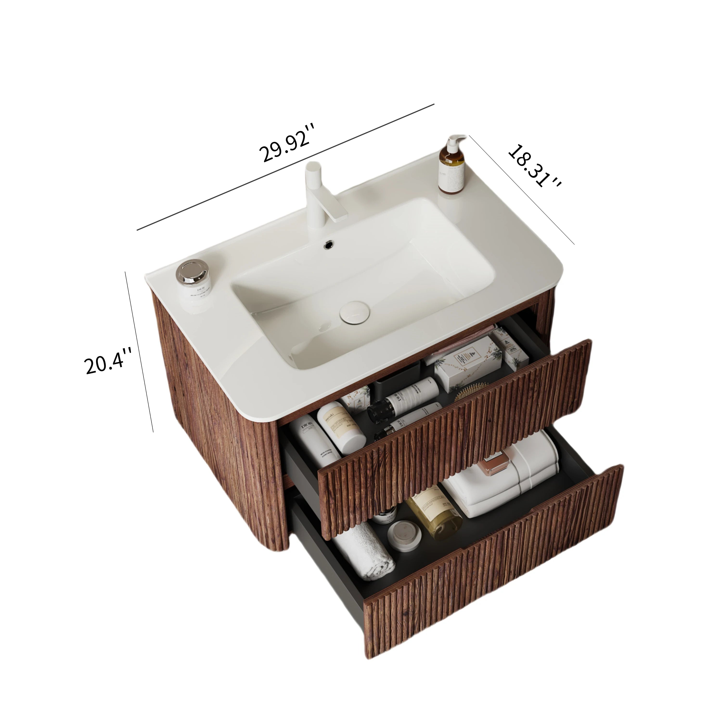 AISU Badezimmerschrank aus Sperrholz zur Wandmontage mit weißem Keramikwaschbecken, ohne Wasserhahn, Retro-Walnussholzmaserung