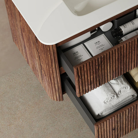 AISU Badezimmerschrank aus Sperrholz zur Wandmontage mit weißem Keramikwaschbecken, ohne Wasserhahn, Retro-Walnussholzmaserung