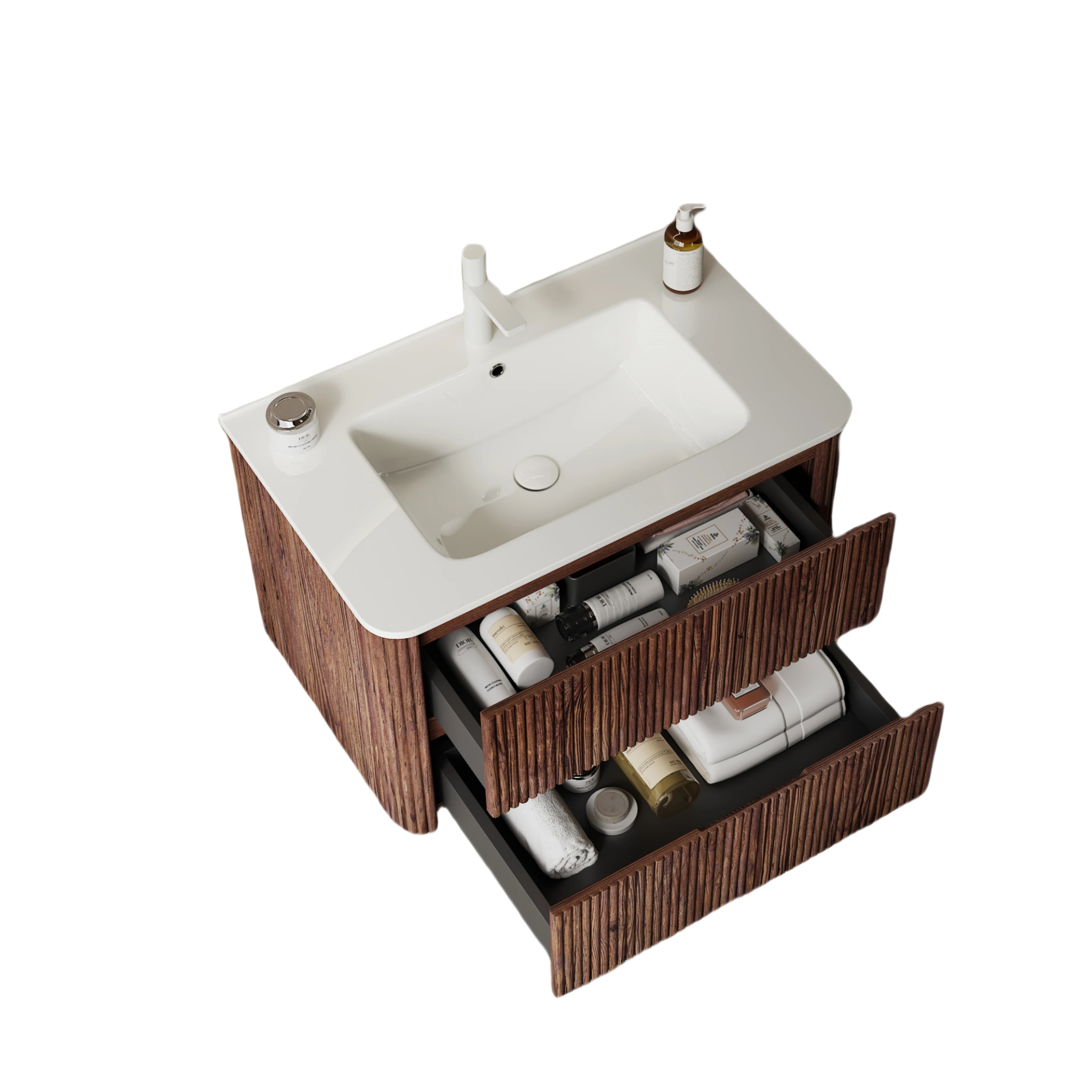AISU Badezimmerschrank aus Sperrholz zur Wandmontage mit weißem Keramikwaschbecken, ohne Wasserhahn, Retro-Walnussholzmaserung