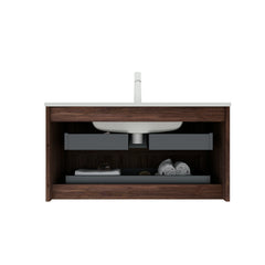 AISU Wall-Mounted Floating Plywood Bathroom Cabinet with White Ceramic Basin, NO Faucet, Retro Walnut Woodgrain Color