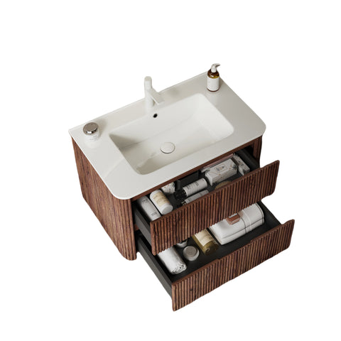 AISU Badezimmerschrank aus Sperrholz zur Wandmontage mit weißem Keramikwaschbecken, ohne Wasserhahn, Retro-Walnussholzmaserung