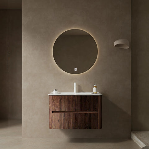 AISU Badezimmerschrank aus Sperrholz zur Wandmontage mit weißem Keramikwaschbecken, ohne Wasserhahn, Retro-Walnussholzmaserung