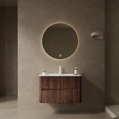 AISU Wall-Mounted Floating Plywood Bathroom Cabinet with White Ceramic Basin, NO Faucet, Retro Walnut Woodgrain Color