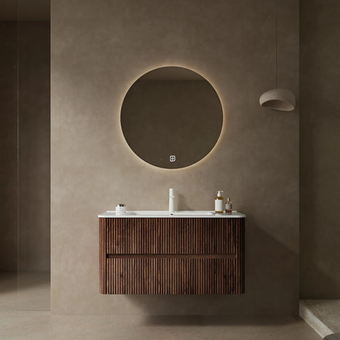 AISU Badezimmerschrank aus Sperrholz zur Wandmontage mit weißem Keramikwaschbecken, ohne Wasserhahn, Retro-Walnussholzmaserung
