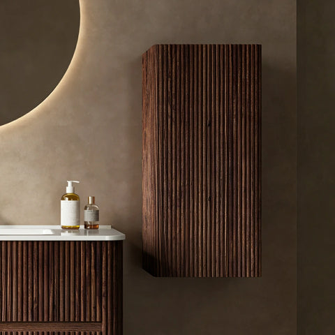AISU Badezimmerschrank aus Sperrholz zur Wandmontage mit weißem Keramikwaschbecken, ohne Wasserhahn, Retro-Walnussholzmaserung