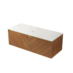 AISU 48" Wall-Mounted Brown Oak Plywood Cabinet and Carrara White Sintered Stone Countertop, NO Basin, NO Faucet and Sink Cove