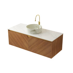 AISU 48" Wall-Mounted Brown Oak Plywood Cabinet and Carrara White Sintered Stone Countertop, NO Basin, NO Faucet and Sink Cove