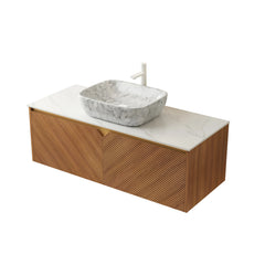 AISU 48" Wall-Mounted Brown Oak Plywood Cabinet and Carrara White Sintered Stone Countertop, NO Basin, NO Faucet and Sink Cove