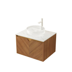 AISU 24" Wall-Mounted Brown Oak Plywood Cabinet and Carrara White Sintered Stone Countertop, NO Basin, NO Faucet and Sink Cover