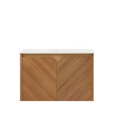 AISU 24" Wall-Mounted Brown Oak Plywood Cabinet and Carrara White Sintered Stone Countertop, NO Basin, NO Faucet and Sink Cover
