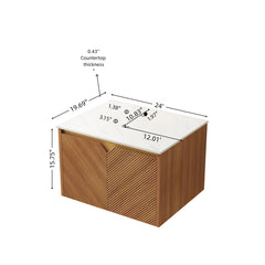 AISU 24" Wall-Mounted Brown Oak Plywood Cabinet and Carrara White Sintered Stone Countertop, NO Basin, NO Faucet and Sink Cover