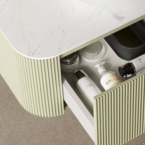 AISU Moderner, wandmontierter Badezimmerschrank mit geschwungenen Kanten und gestreiftem Design, mit weißem, rundem Keramikwaschbecken ohne Wasserhahn, vormontiert, Farbe Hellgrün