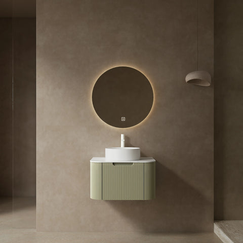 AISU Moderner, wandmontierter Badezimmerschrank mit geschwungenen Kanten und gestreiftem Design, mit weißem, rundem Keramikwaschbecken ohne Wasserhahn, vormontiert, Farbe Hellgrün
