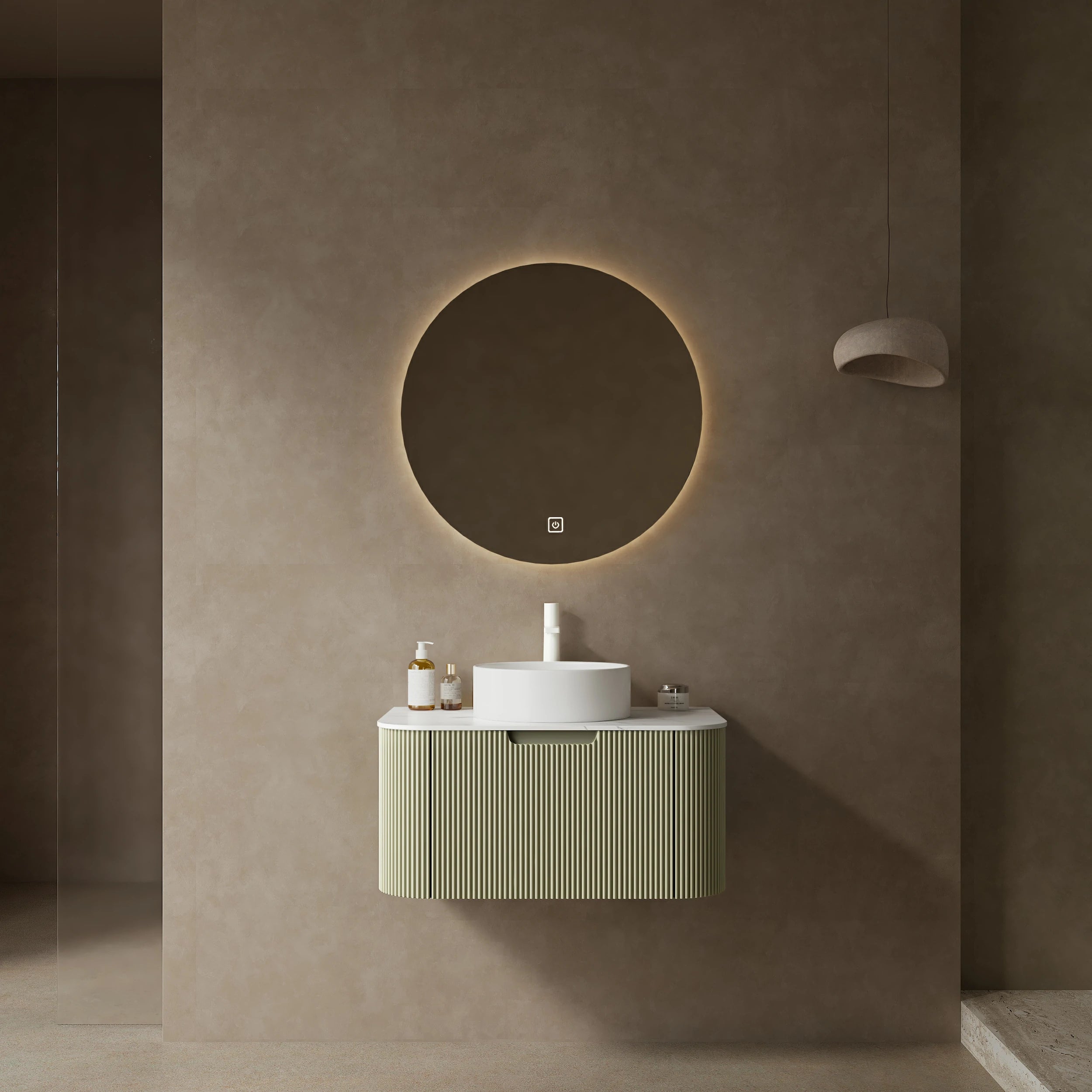 AISU Moderner, wandmontierter Badezimmerschrank mit geschwungenen Kanten und gestreiftem Design, mit weißem, rundem Keramikwaschbecken ohne Wasserhahn, vormontiert, Farbe Hellgrün