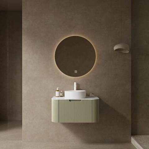AISU Moderner, wandmontierter Badezimmerschrank mit geschwungenen Kanten und gestreiftem Design, mit weißem, rundem Keramikwaschbecken ohne Wasserhahn, vormontiert, Farbe Hellgrün