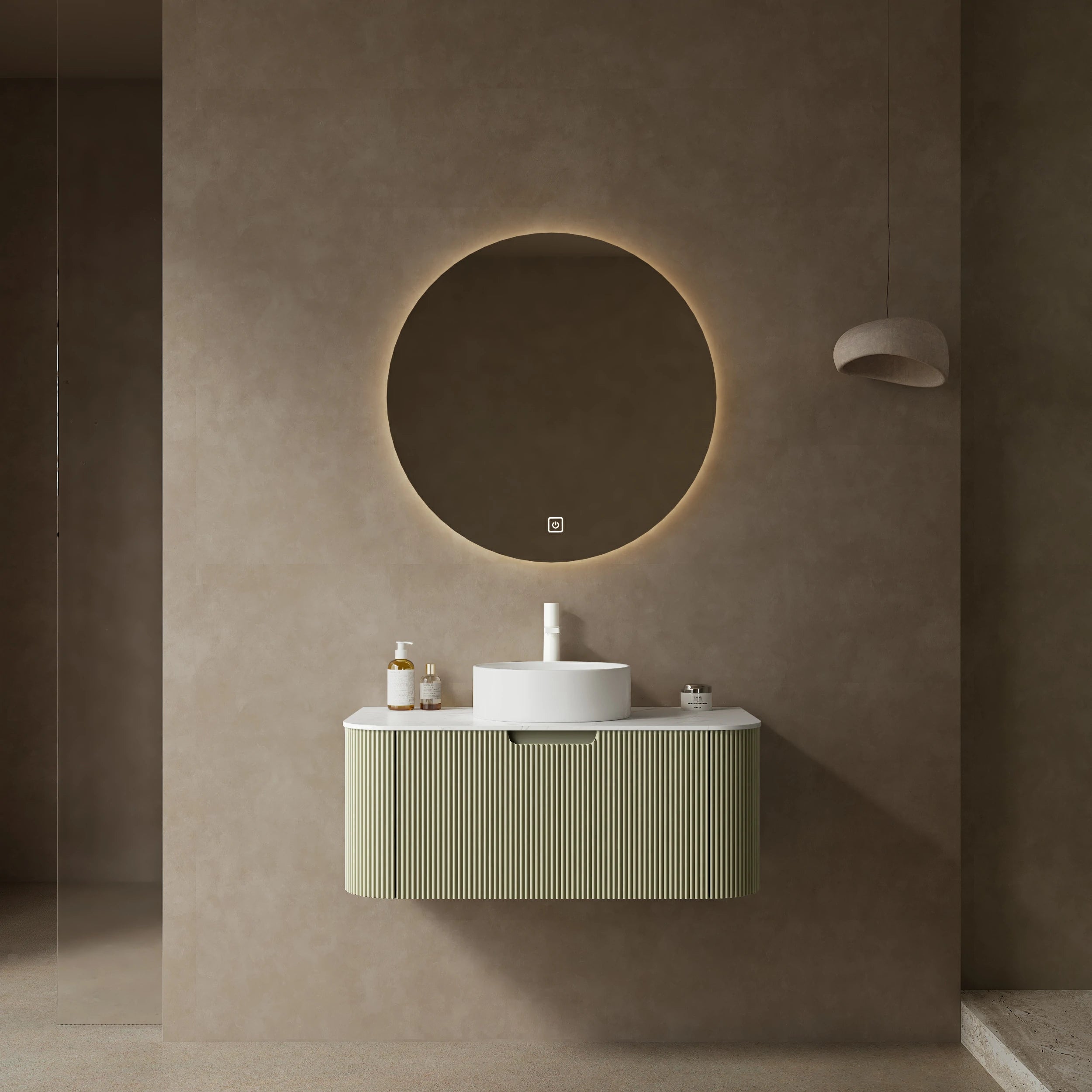 AISU Moderner, wandmontierter Badezimmerschrank mit geschwungenen Kanten und gestreiftem Design, mit weißem, rundem Keramikwaschbecken ohne Wasserhahn, vormontiert, Farbe Hellgrün