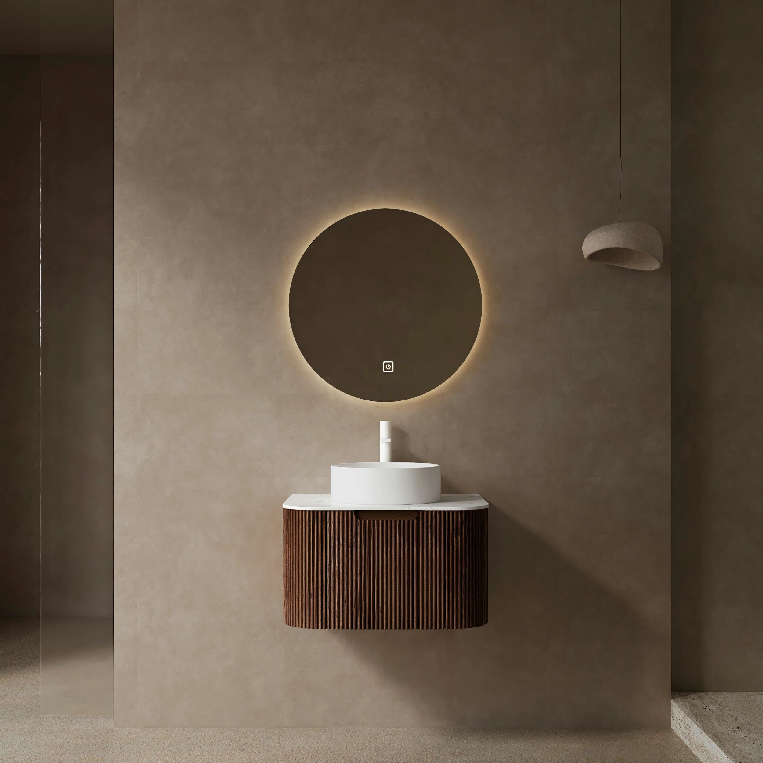 AISU Badezimmer-Waschtisch mit geschwungenen Kanten und gestreiftem Design, zur Wandmontage, mit weißem Keramikwaschbecken ohne Wasserhahn, vormontiert, Farbe dunkle Walnussholzmaserung
