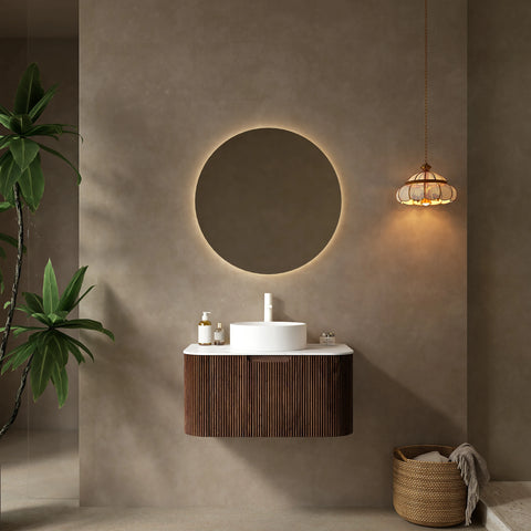 AISU Badezimmer-Waschtisch mit geschwungenen Kanten und gestreiftem Design, zur Wandmontage, mit weißem Keramikwaschbecken ohne Wasserhahn, vormontiert, Farbe dunkle Walnussholzmaserung