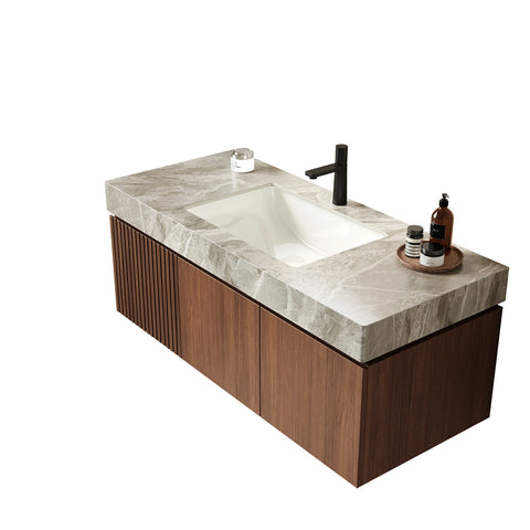 AISU 48" Wandmontierter Badezimmerwaschtisch mit Waschbecken, vormontiert, Espresso-Holzmaserung
