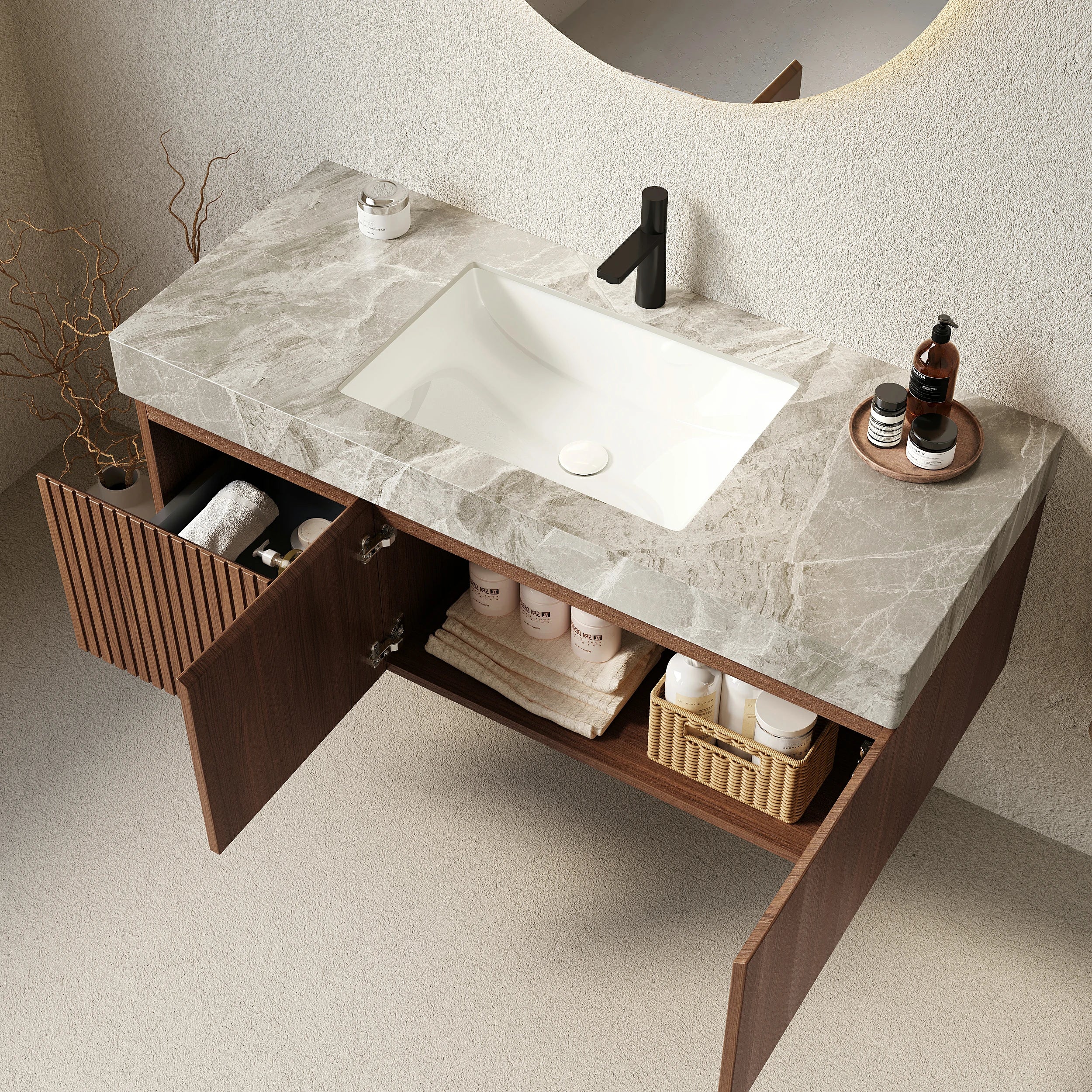 AISU 48" Wandmontierter Badezimmerwaschtisch mit Waschbecken, vormontiert, Espresso-Holzmaserung