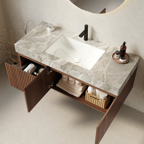 AISU 48" Wandmontierter Badezimmerwaschtisch mit Waschbecken, vormontiert, Espresso-Holzmaserung